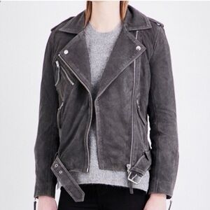 Topshop Real Leather Moto Jacket Belted Charcoal Gray